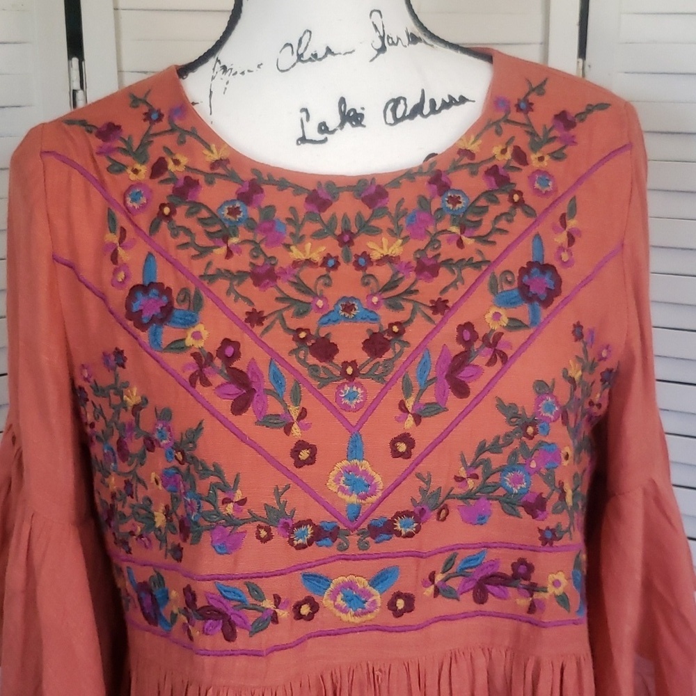 Umgee waterfall sleeves embroidery high waist woman dress orange burnt size S - Picture 2 of 7